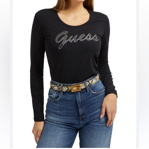 GUESS Cotton Long Sleeve T-Shirt with Rhinestones - Size S - Picture 1 of 5